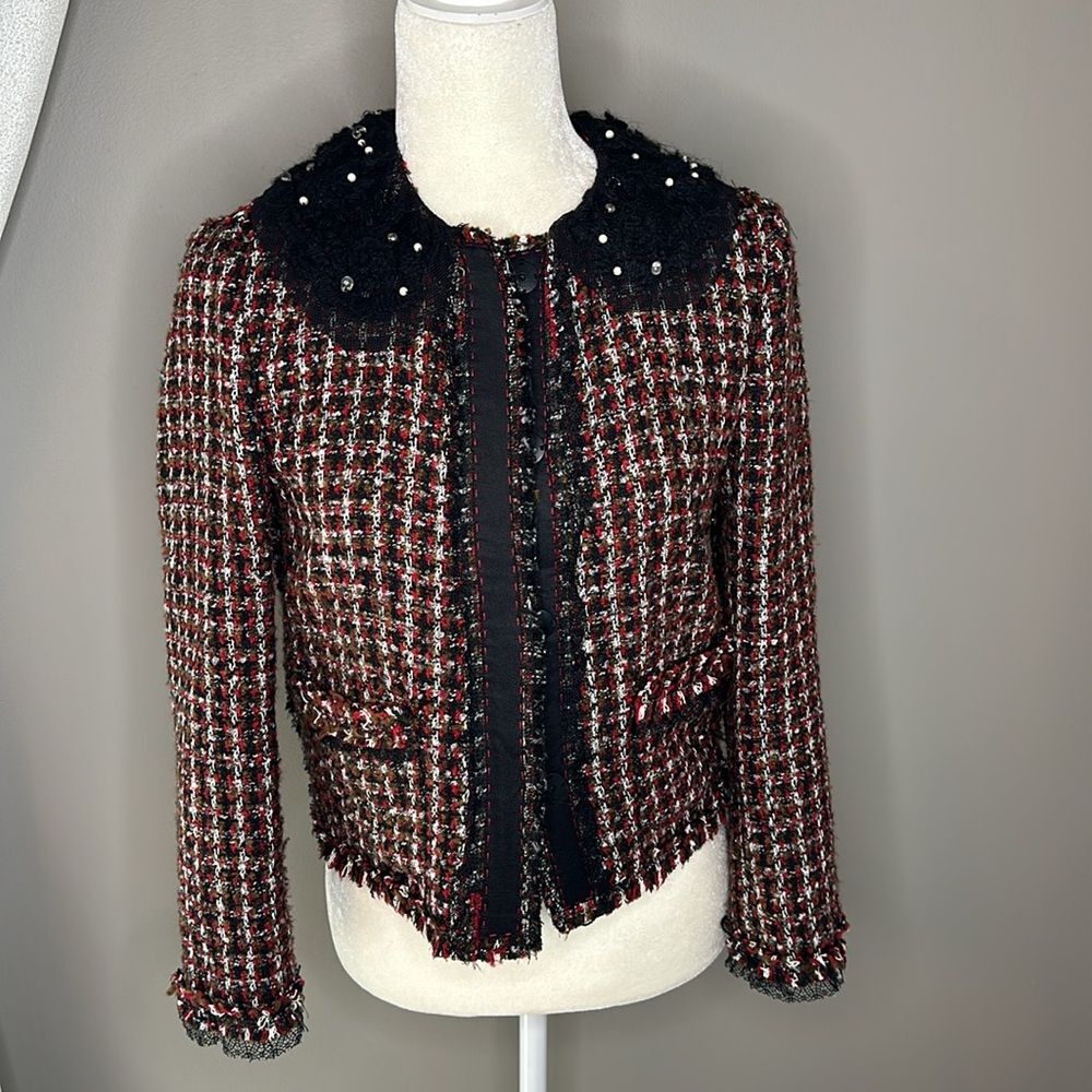 ZARA BLACK RED PLAID TWEED BEADED JACKET size small - Picture 12 of 13